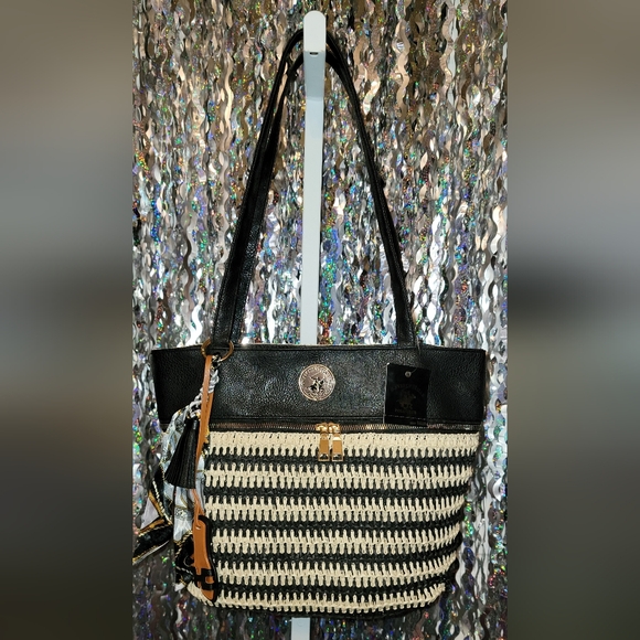 Beverly Hills Polo Club Handbags - #589- Beverly Hills Polo Club Black/Cream Straw Tote Bag w/BagCharm